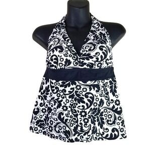 Halter Swim Tankini Top Contrast Paisley Black White Emerald Bay